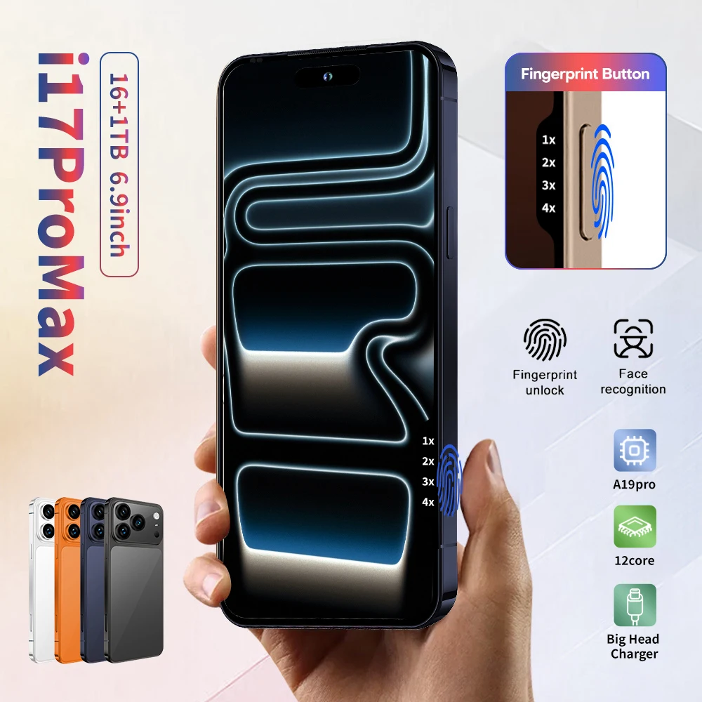 New i17 Pro Max smartphone, Android 15system, camera button with side fingerprint unlock. Supports dual SIM, WiFi, GPS & Googl