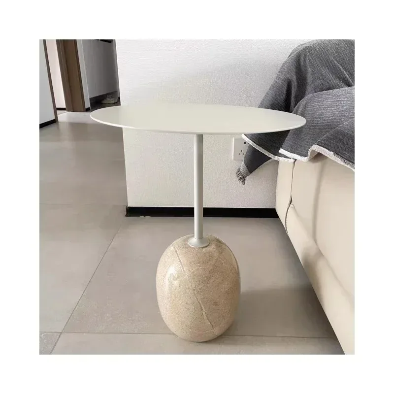 Contemporary Luxury Personality Carbon Steel Top Crema Marfil Beige Marble Base Round Sofa Side Table
