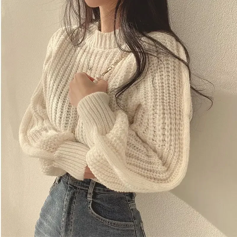 Round O Neck Pullover Knitted Top For Women Brown Short White Ladies Sweaters Crop Cheap And 2025 New In Offers Y2k Vintage