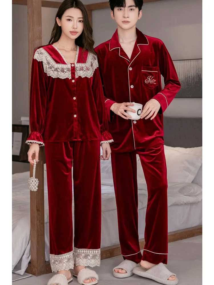 New Couple Pajamas Autumn Winter Velvet Cardigan Pants Lace Luxury Pajama Sets 2 Pieces Loungewear Casual Suits French Sleepwear