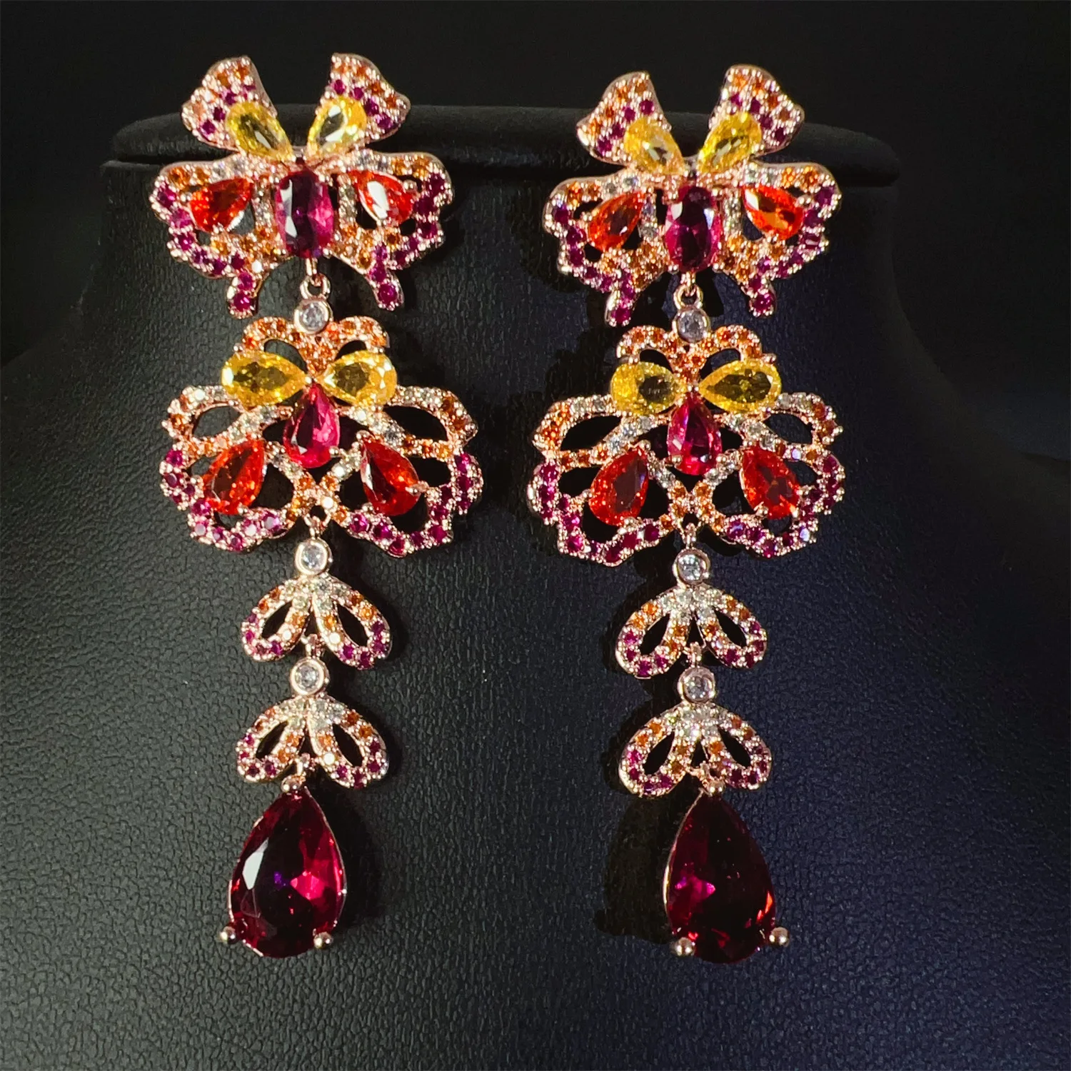 

Gala event luxury earrings for women jewelry bowknot butterfly dangling earrings red cyan blue zircon party jewelry gift female
