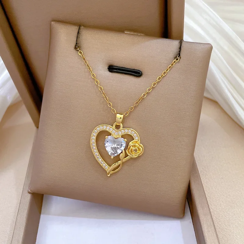 Love Heart Rose Luxury Zircon Pendant Necklace Women's Versatile Clavicle Chain Titanium Steel