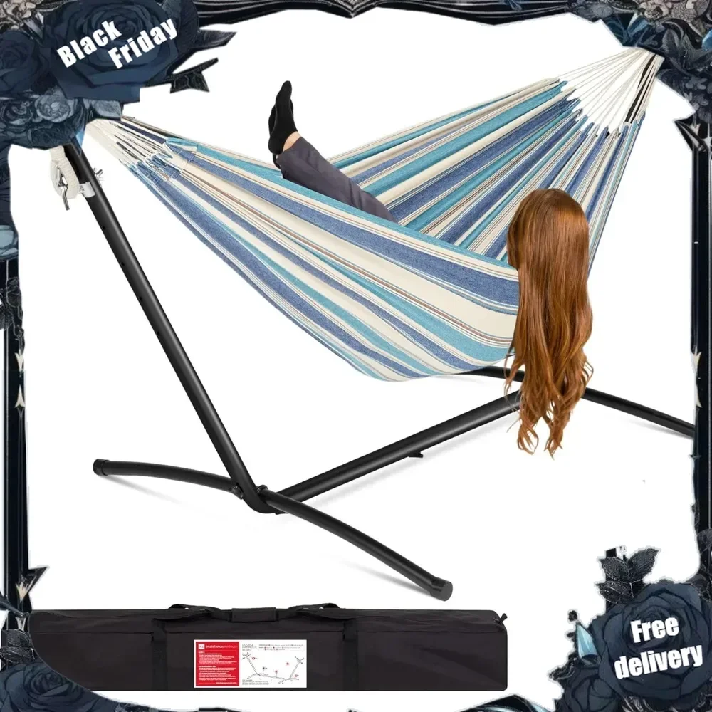 Double Hammock with Steel Stand, Indoor Outdoor Brazilian-Style Cotton Bed w/Carrying Bag, 2-Person Capacit