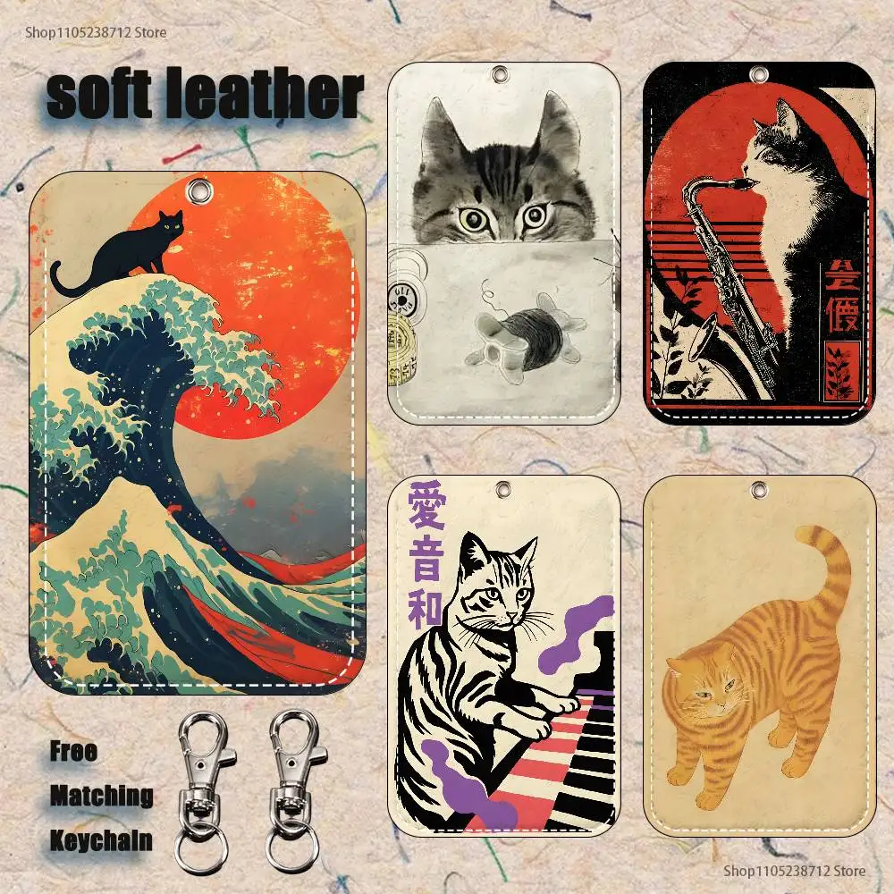 اليابانية خمر القط نمط 1 قطعة بو الجلود حامل البطاقة المفاتيح حلقة رئيسية قفل الباب الوصول العلامات بطاقة الهوية حالة المفاتيح بطاقة #1