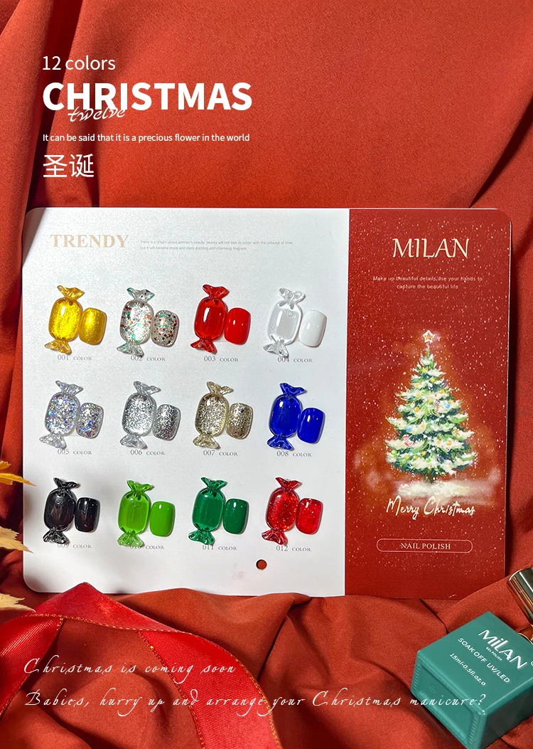 Milan 12 Kleuren Kerst Nail Gel Set Nail Art Kit 2024 Nieuwe Niet-Eoxische Uv Gel Nagel Salon Eco-Vriendelijke Groentelijm Groothandel