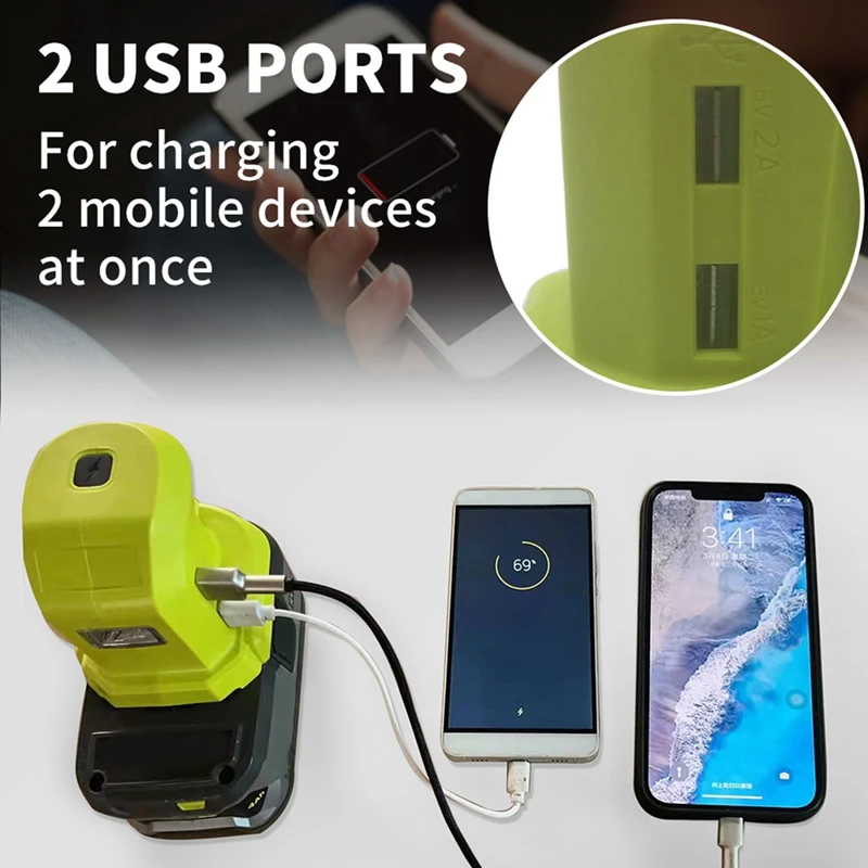 Adattatore batteria con porta 2USB per Ryobi P743 18V 14.4V ONE + adattatore di alimentazione portatile agli ioni di litio con accessori per la funzione di illuminazione