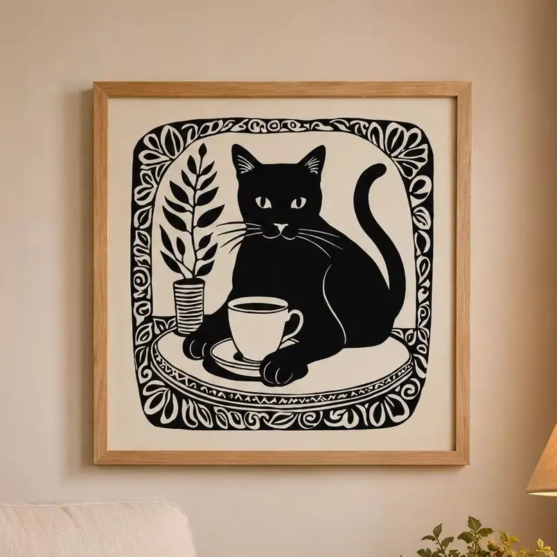 Black Cat Coffee Art Print: Whimsical Retro Kitchen Decor,Canvas Wall Print,High‑Grade Home Decoration for Bedroom,Living Room