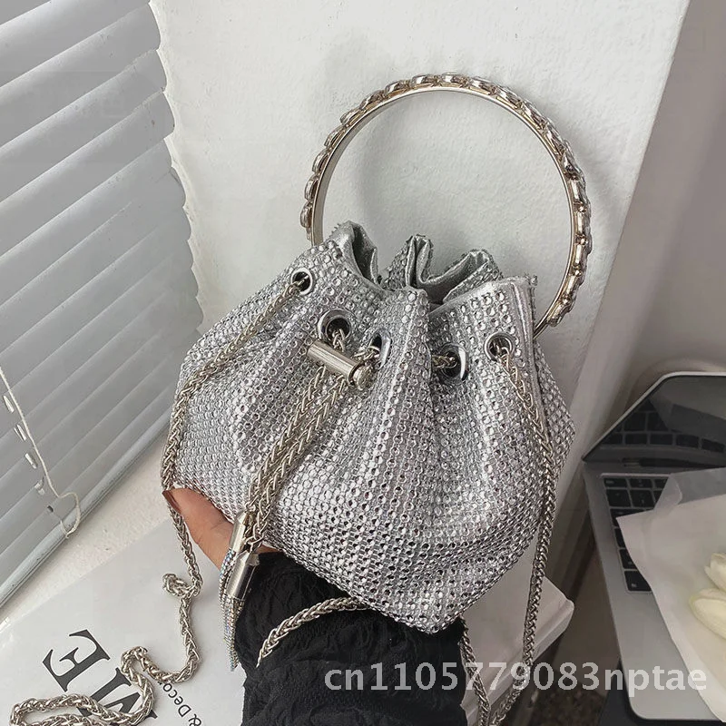 High-End Texture French Shoulder Bag Women's Diamond Handbag Silver Rhinestone Crossbody Niche Design PU Street Fashion Medium