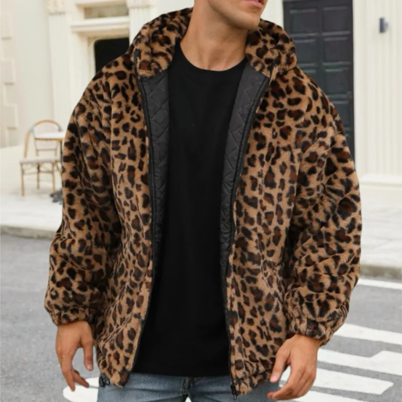 Giacca da uomo con cappuccio leopardata in pelliccia sintetica Top Capispalla Pelliccia Soffici addensare Cappotti Giacca 2025 Giacche invernali calde Cappotti Top retrò