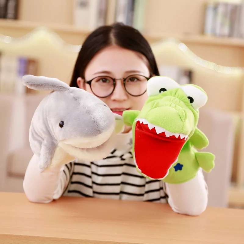 Sapo tubarão pelúcia mão fantoche bonecas de pelúcia mão boneca educação precoce aprendizagem brinquedos crianças marionetes fantoches para contar história
