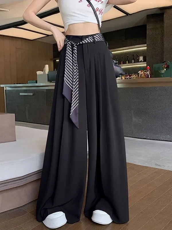 Elegant White Ice Silk Suit Wide Leg Pants Women Summer Thin Silk Scarf Belted High Waist Draping Straight Leg Floor-Length P...