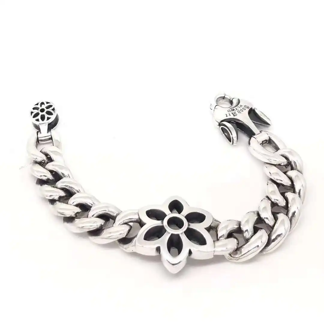 Punk Style Chunky High-End Sterling Silver Trendy Cherry Blossom Six-Pointed Star Men's Bold Bracelet Men's Personalized Jewelry