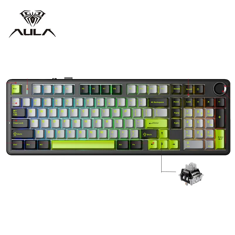 AULA F99PRO Gaming Mechanical Keyboard 99 Key Three Mode Wireless Hot Swappable Gasket Structure Custom Keyboard with Media Knob