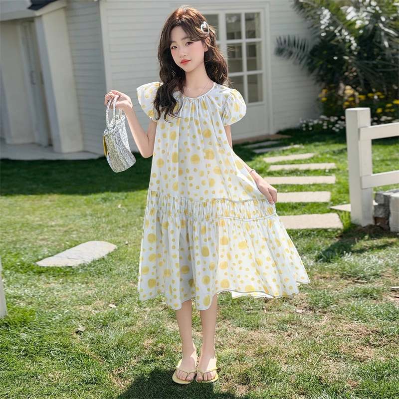 Girls Dress Summer Puff Sleeve A Line Low-rise Yellow Polka Dot Dress Children Clothes 2026 Loose Comfortable Cute