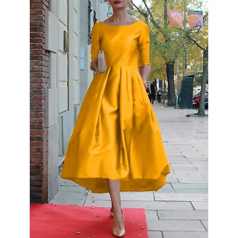 UOOZEE Women\'s Elegant Banquet Evening Midi Dresses 2024 New Autumn Half Sleeves Pleated Solid Color Party A-Line Dress