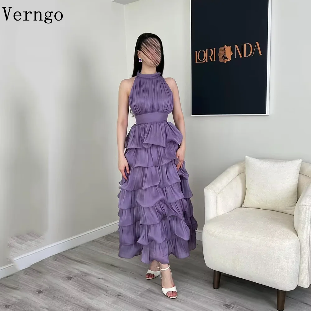 

Verngo Elegant Purple Shiny Evening Dress High Neck Sleeveless Tiered Formal Occasion Dress Arabia Eid Prom Gown Customized