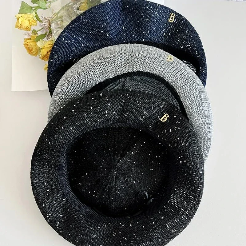 Y2K Bling Sequin Letter Pearls Bow Berets Hats for Women Spring Summer Hollowed Out Breathable Octagonal Painter Bonnet Boina