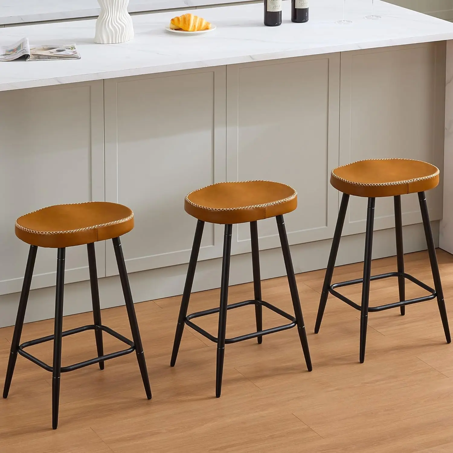 

Counter Stools Set of 3, Modern 24 inch Counter Height Stools, Faux Leather Backless Barstools for Kitchen Island (Whis