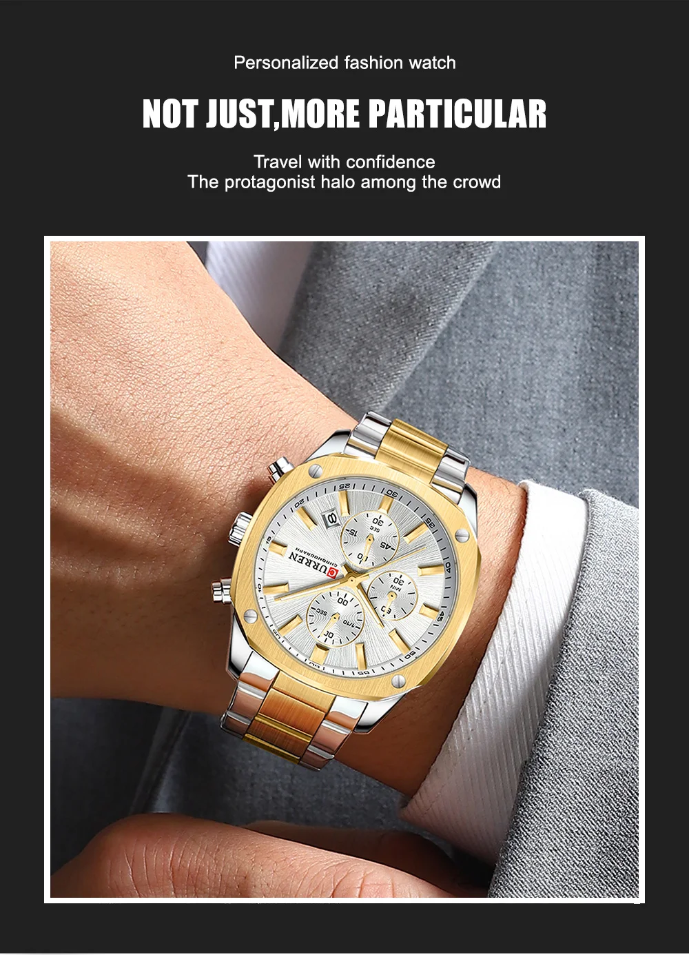 CURREN Business Casual Chronograph Uhr für Herren mit Edelstahlarmband und schwarzem Zifferblatt, leuchtenden Zeigern - Quarzwerk – Detail 8