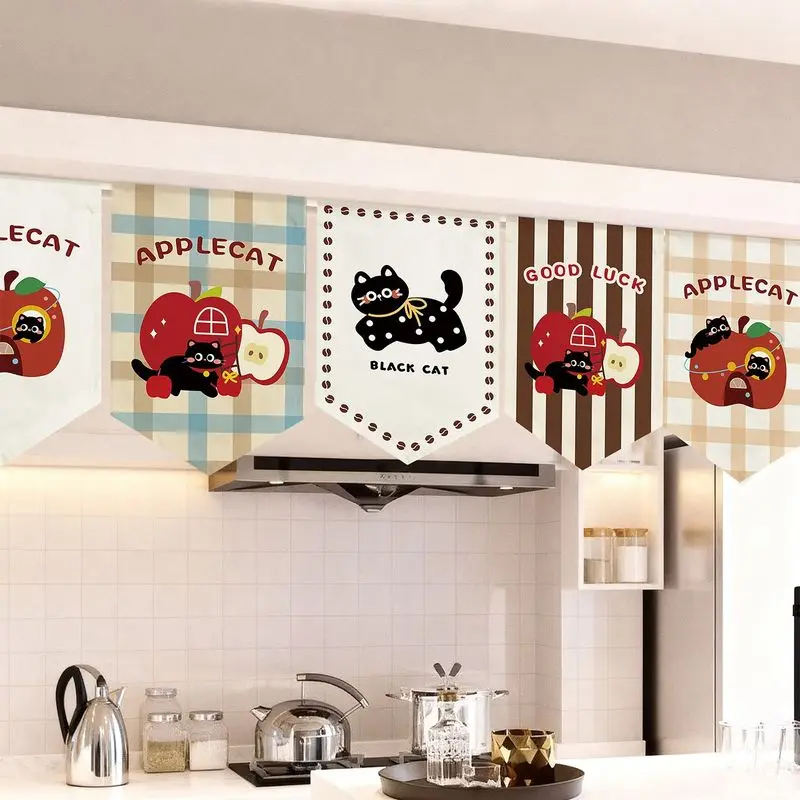 VIKAMA Apple Black Cat Banner 5 Pcs Gingham Stripe Good Luck Bunting Flag for Kitchen Cafe Shop Home Wall Hanging Decor