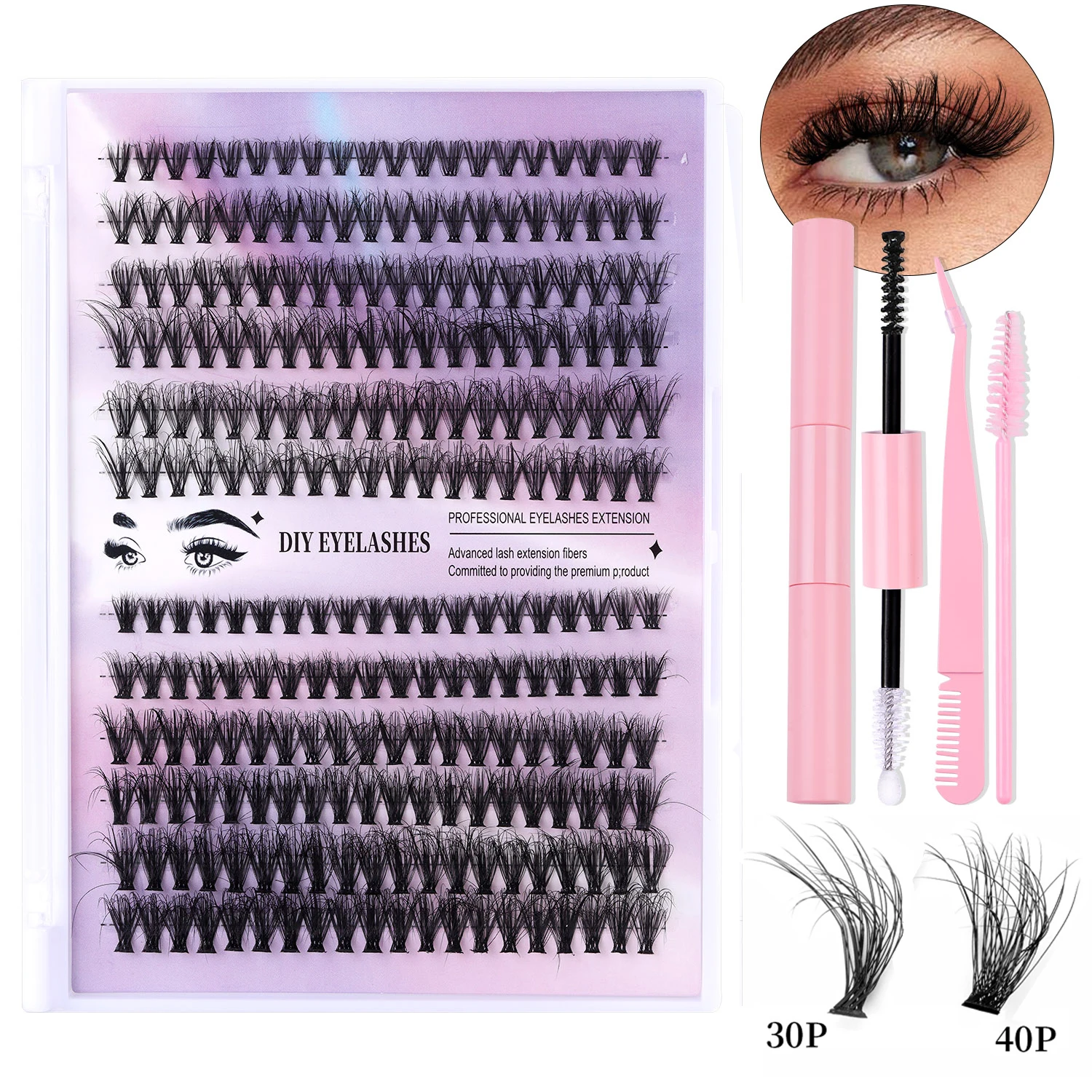 3D Effect 240pcs DIY Eyelash Extension Kit, Mascara, Eyelash Glue, Brush, Tweezers Kit (0.07mm-30D+40d-8-16mm Mixed Kit)