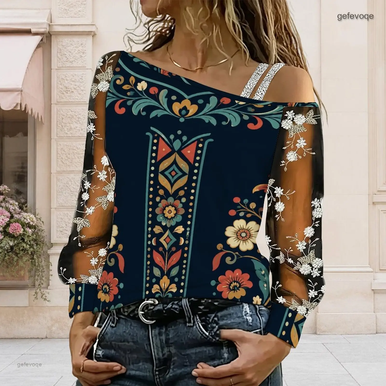 Women Asymmetric Cold Shoulder Top Long Sheer Embroidered Sleeve Ethnic Floral Print Blouse