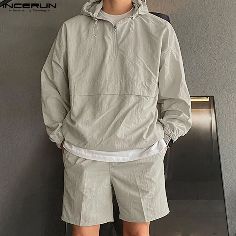 INCERUN-Conjunto de moletom e shorts com capuz masculino, streetwear masculino de carga, conjuntos de 2 peças, estilo coreano, S-5XL, moda, 2022