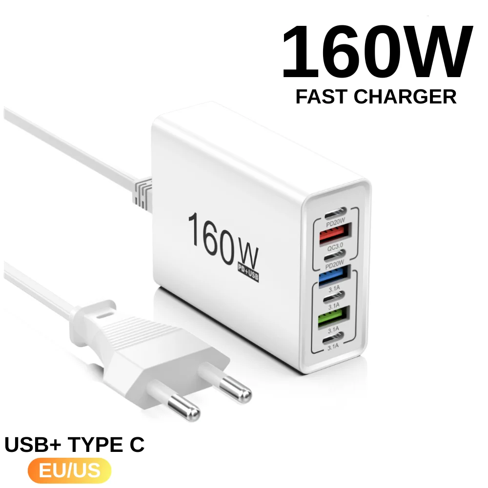 160W USB Multi-Port-Ladegerät Typ C Schnellladegerät mit Mehrfachsteckdose für iPhone Samsung Xiaomi Huawei Honor Handy-Adapter