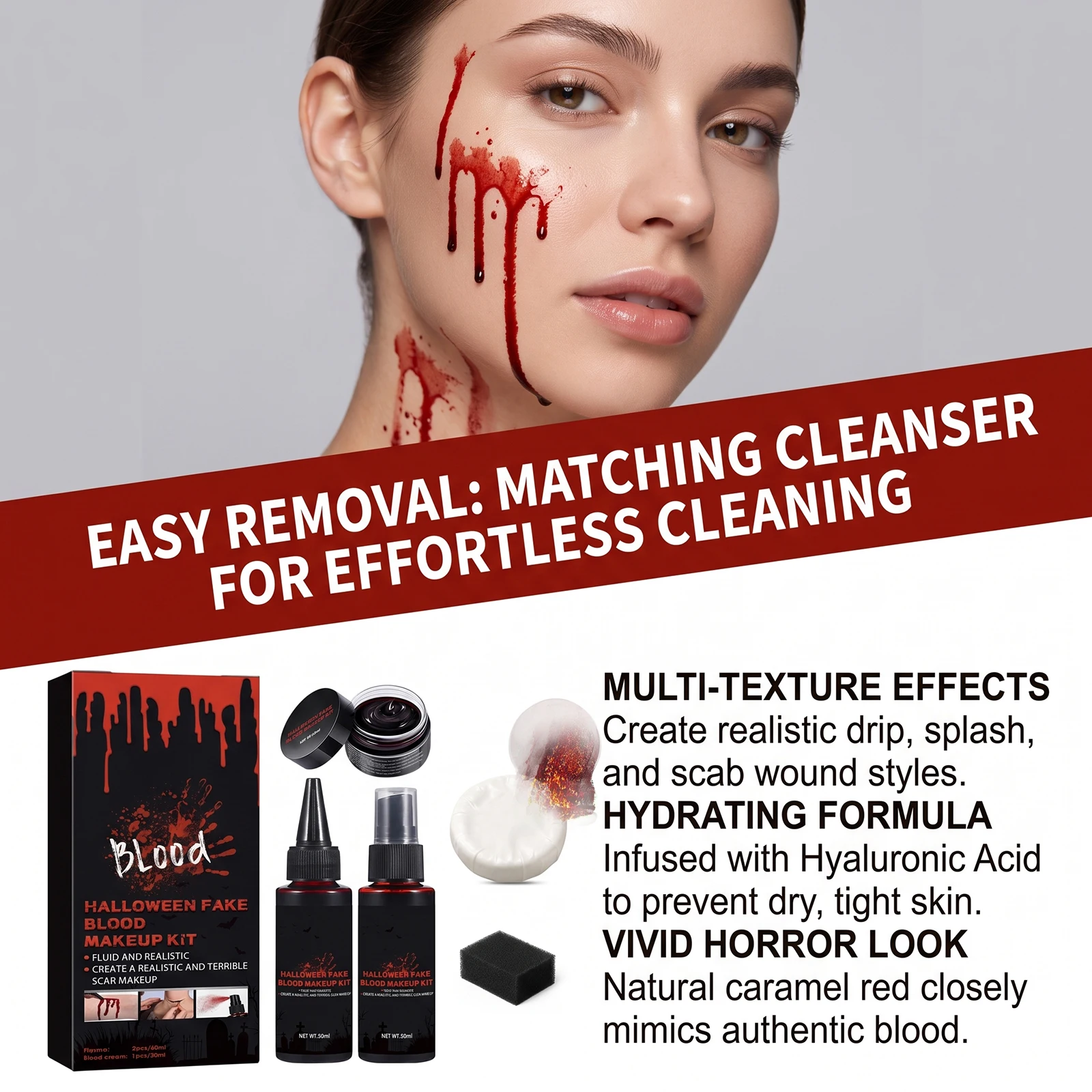 Halloween Fake Blood Makeup Kit Cosplay Realistic Washable Faked Cuts Scar Fake Blood Paint Safe Non-toxic Party Horror Red Tool