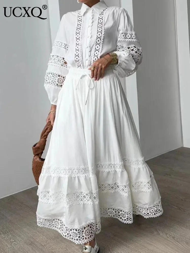 UCXQ Elegant Women\'s Set European Style Embroidered Hollow Lantern Sleeve Shirt Long Skirt Two-piece Set 2024 Spring Autumn 1140