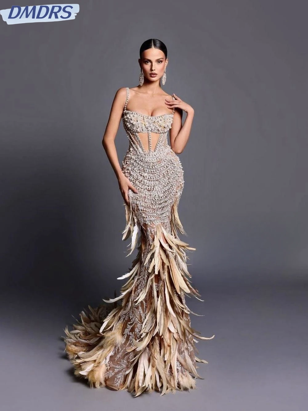 

Gorgeous Feathers Mermaid Evening Dress Shiny Beads Pearls Prom Gown Sexy Illusion Cocktail Dresses Customized Robe De Mariée