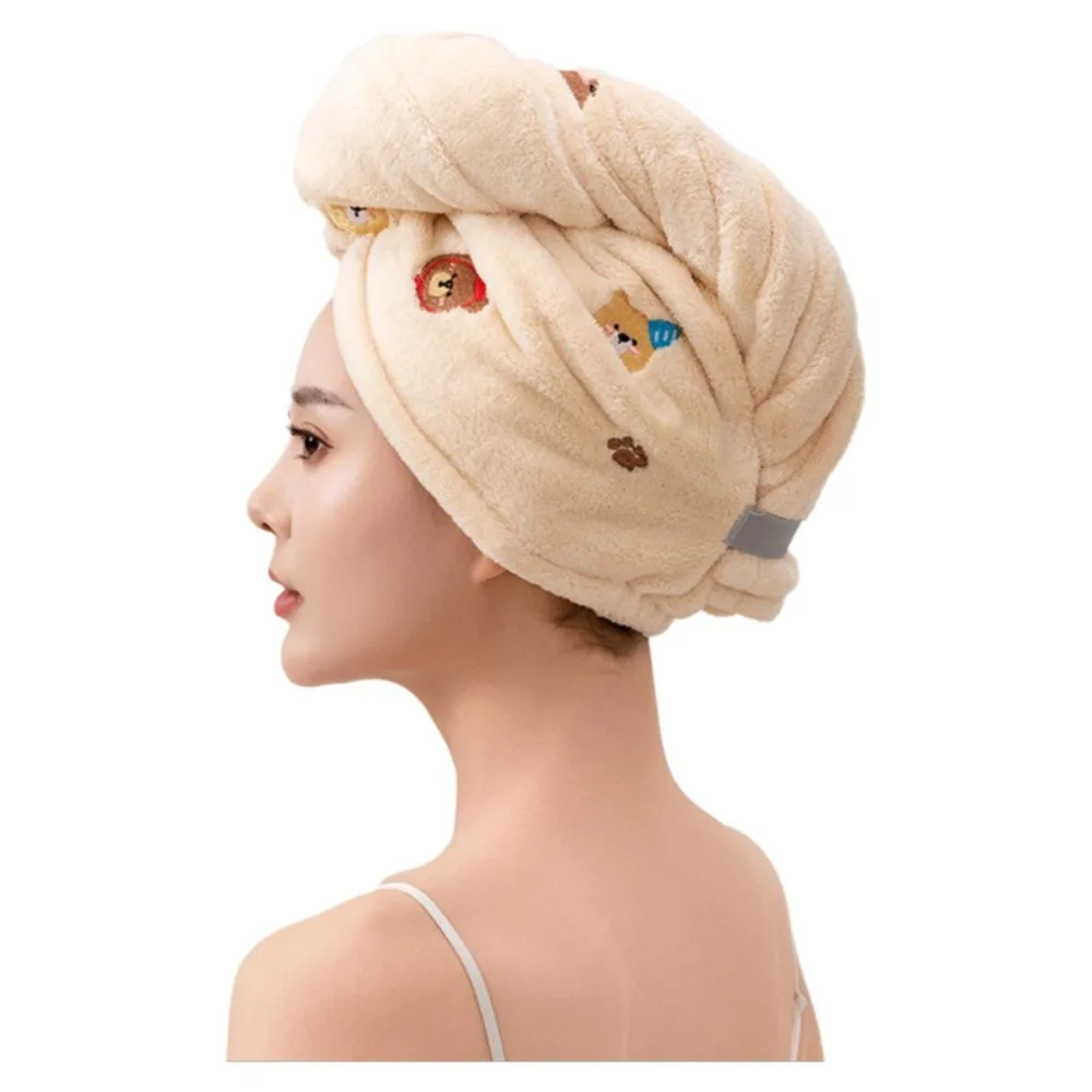 

Comfortable Bear Embroidered Shower Cap Thickened Cartoon Hair Drying Cap Coral Fleece Extra-Large Quick Drying Hoodie Hair Care