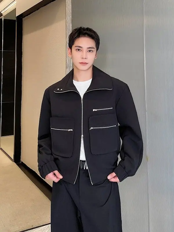 

TANGZ Studio Spring Loose Fit Zipper Collar Jaet Men's Bla Casual Sle Long Sve Polyester Fiber Coat with kets