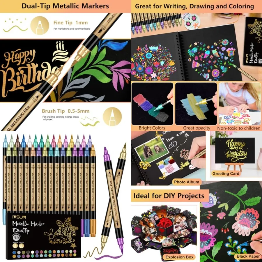 

Metallic Marker Pens 30 Colors Dual Tip Acrylic Paint Pens for Black Paper Scrapbooking Photo Album Rock Painting DIY Arts Craf