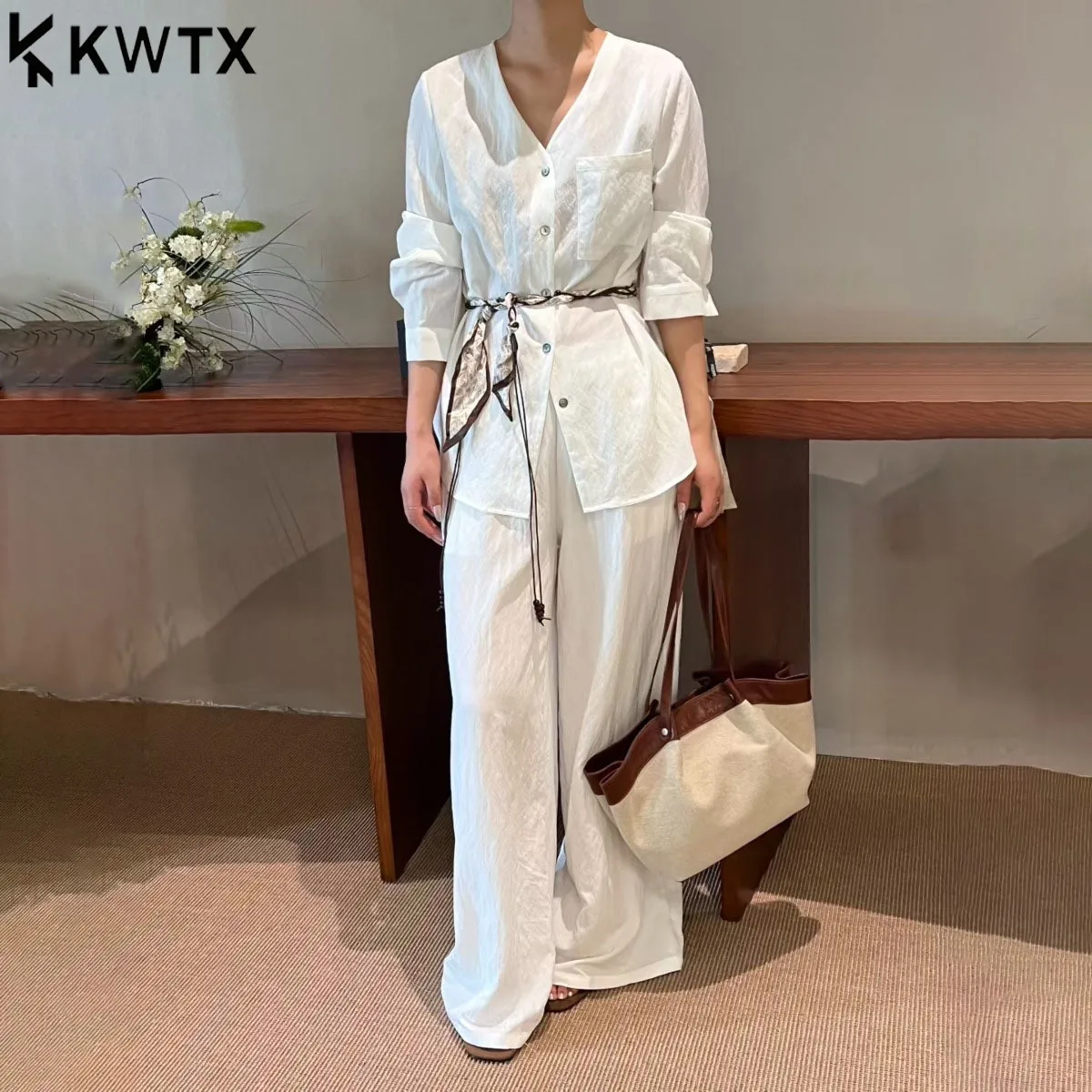 

KWTX Women Two Piece Set Elegant Casual Wide Leg Pants V-Neck Top Solid Color Drawstring Waist Spring Summer Comfortable Premium