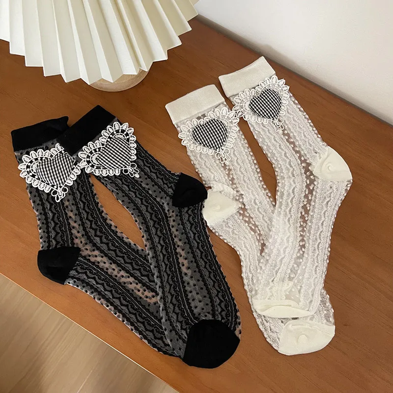 

Women Summer Socks Mesh Lace Sexy Ultra-thin Transparent Love Heart Short Sock Stretch Elasticity Ankle Lolita JK Sox Cute Retro