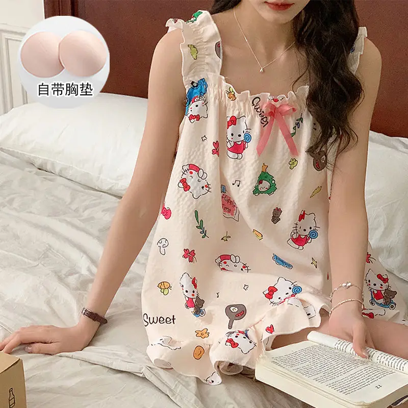 New Sanrios Pajamas Hello Kittys Sleeveless Strap Pajamas with Chest Pad Women's Loose Summer Sweet Cute Cartoon Homewear Dress