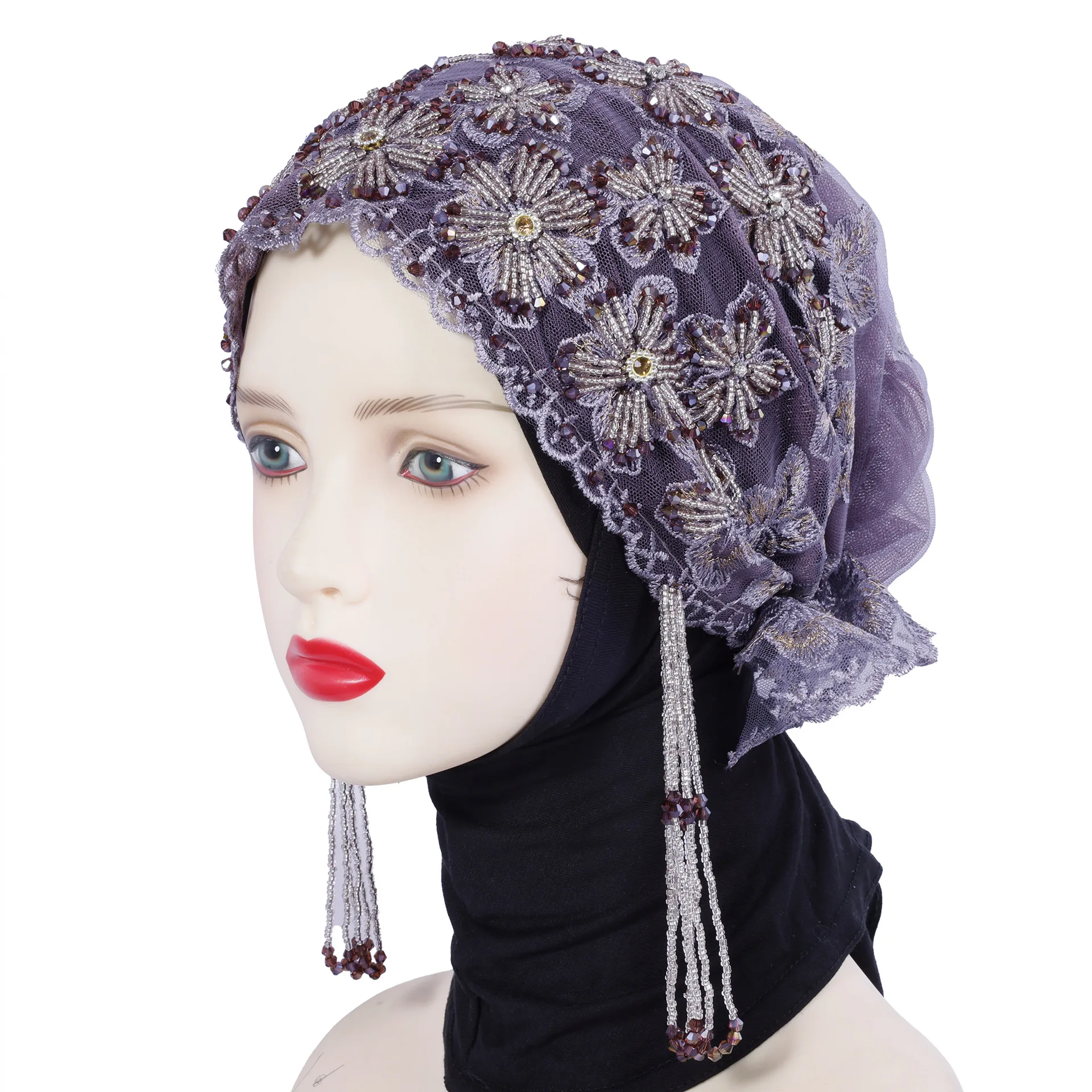 Nowa etniczna chusta na głowę z frędzlami, haftowana turban z koralikami, luksusowa czapka z frędzlami, damski muzułmański hidżab, koronkowa ozdoba na głowę na wesele, czapki typu beanie.