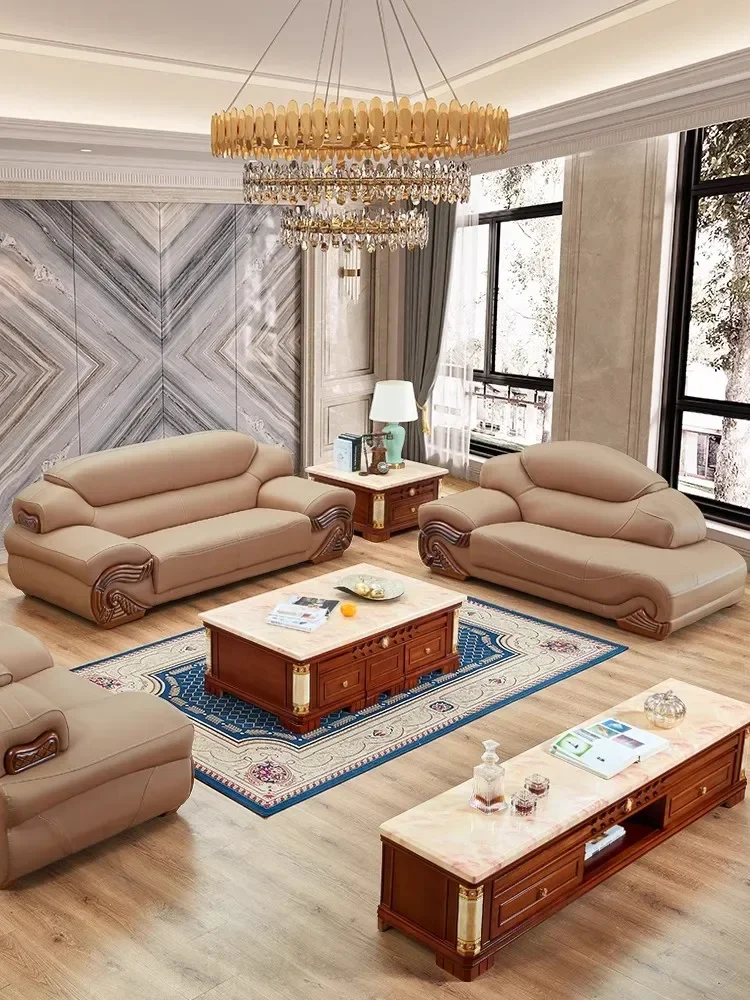 European leather sofa large living room combination of top layer cowhide high-grade antique sofa