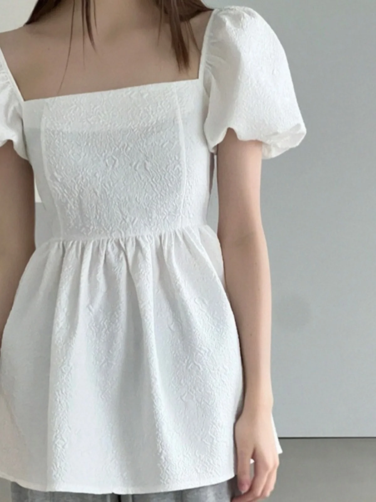 Chic White Bubble Sve irt Chemisier mi-long à col carré avec nœud pour femme