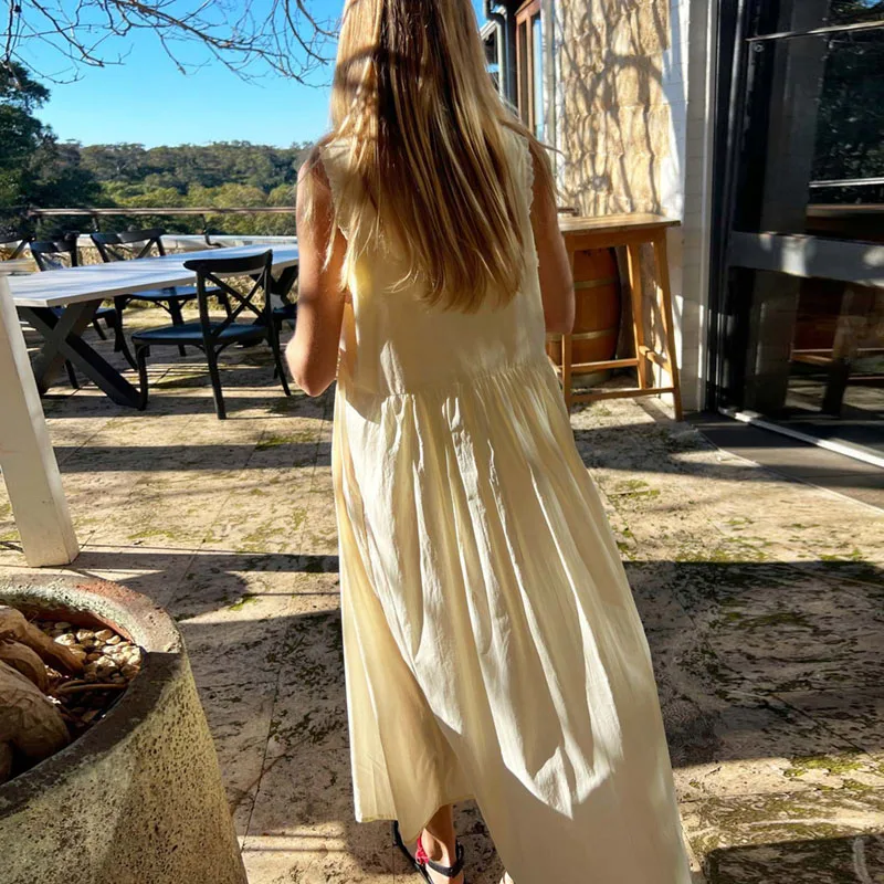 Vestidos Mujer Sexy Deep V Neck Hollow Boho Dress Woman Elegant Embroidered Lace Loose Long Dress Sleeveless Tank Summer Dresses