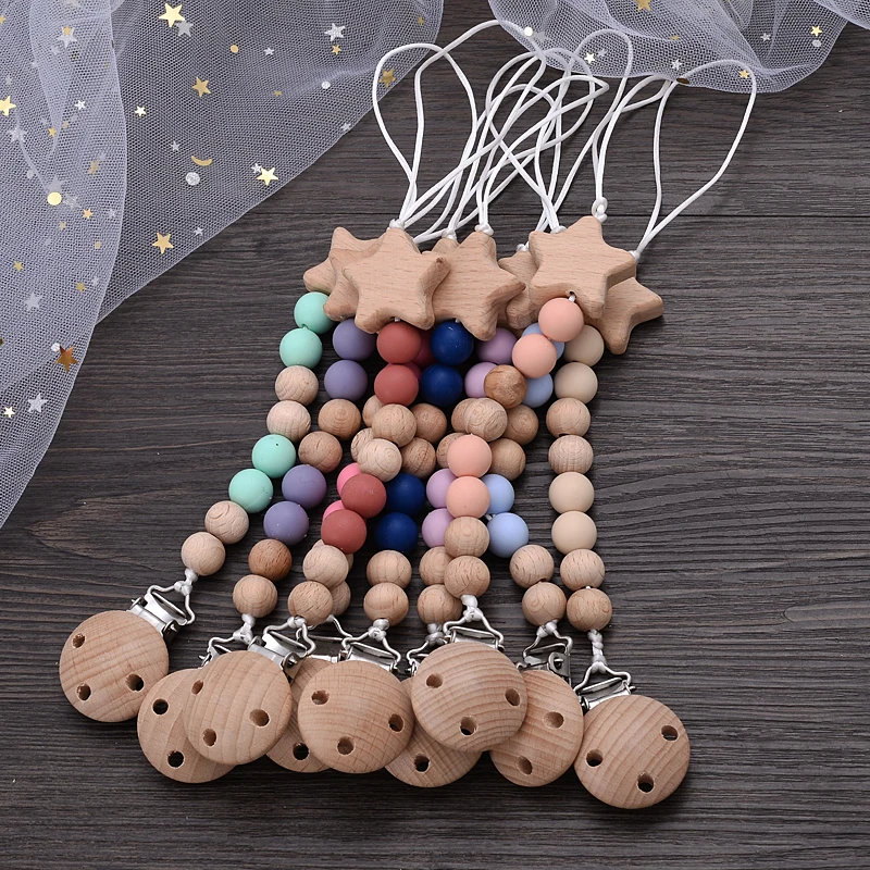 Wooden Pentagram Dummy Holder Chain Beech Wood Chew Bead Pacifier Clips For Baby Nursing Chew Teething Toy Nipple Soother Chain