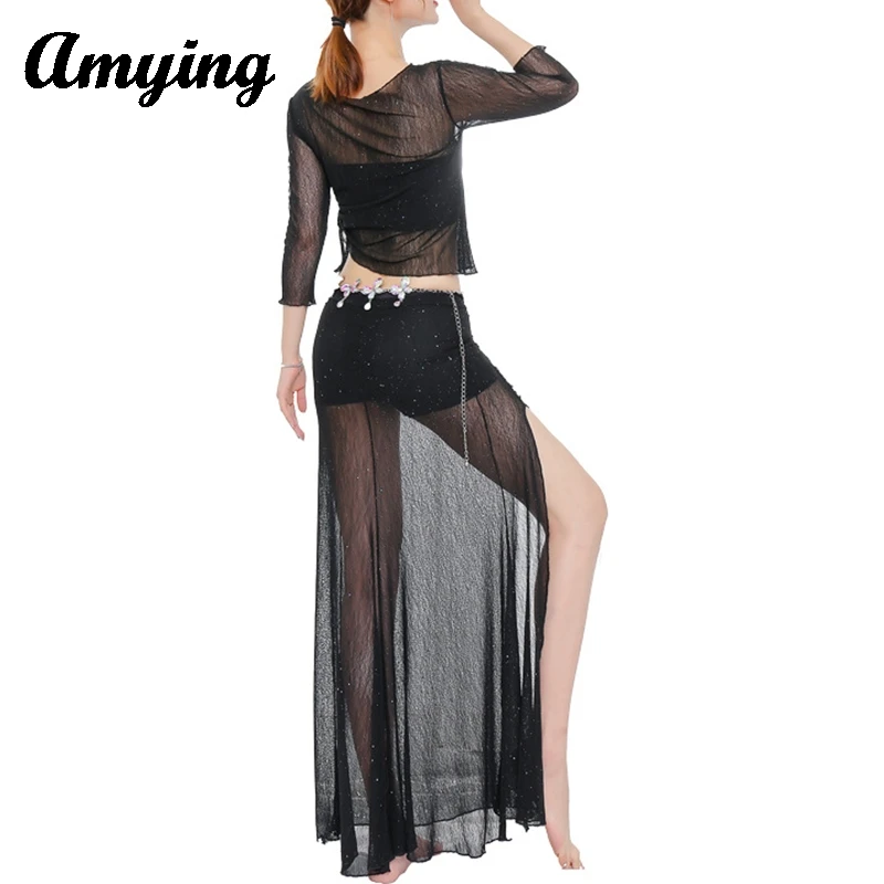 New 2PCS Women Belly Dance Suit Adult Sexy Mesh Top and Skirt Stage Performance Costume Set Practice Suit Training Clothing Set