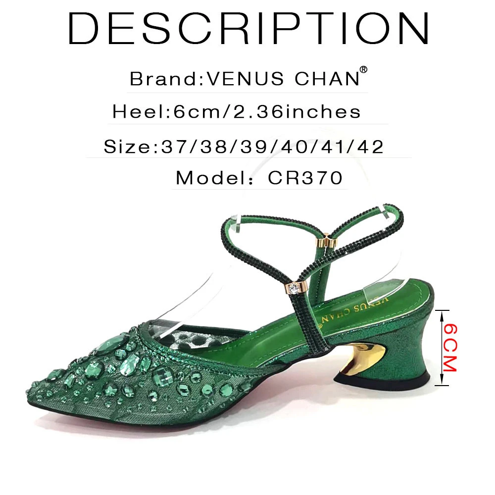 Venus Chan Pointed Toe Heels for Women Party Green Color Full Diamond Lace Matching Design Italian Shoe and Bag Set Designer