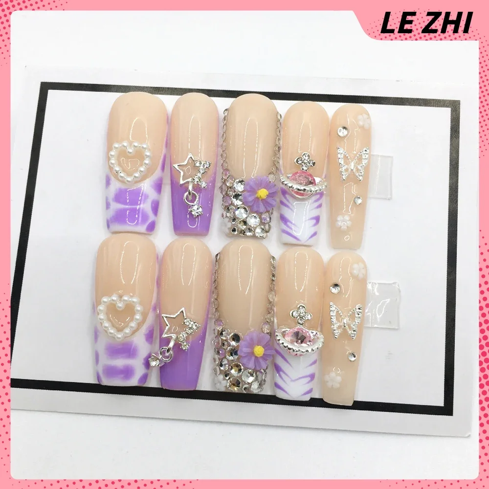 Kawaii Animal Spicy Girl Hot Sale Xxl Long Coffin Fake Nails Colourful Diamond Metal Butterfly Artificial False Nails