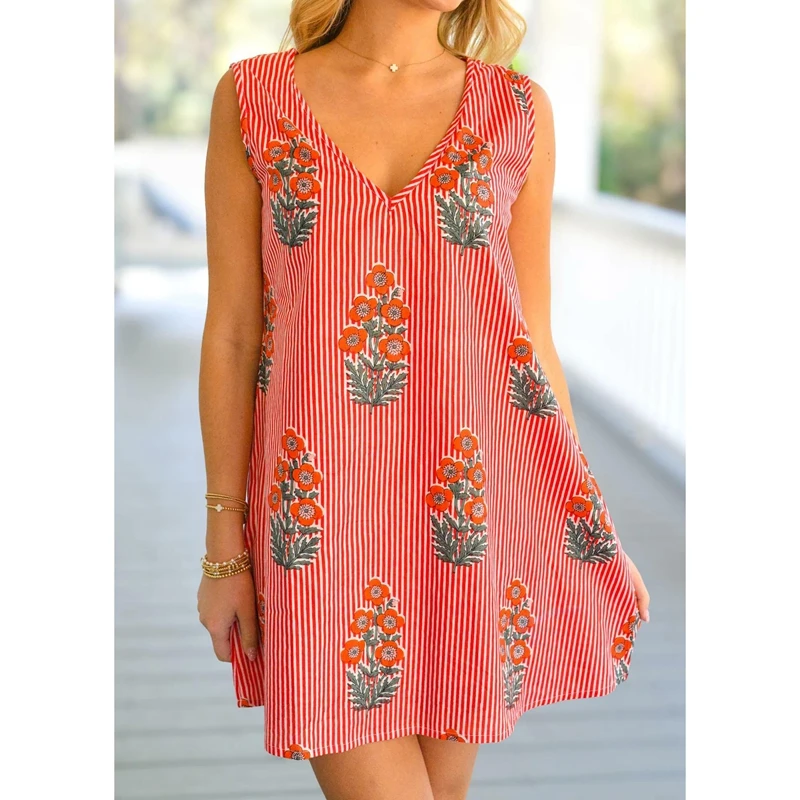 Combhasaki Women Summer Y2K Aesthetic Striped Floral Print Sleeveless V-Neck Loose Fit Short Mini A-line Tank Dress Beachwear