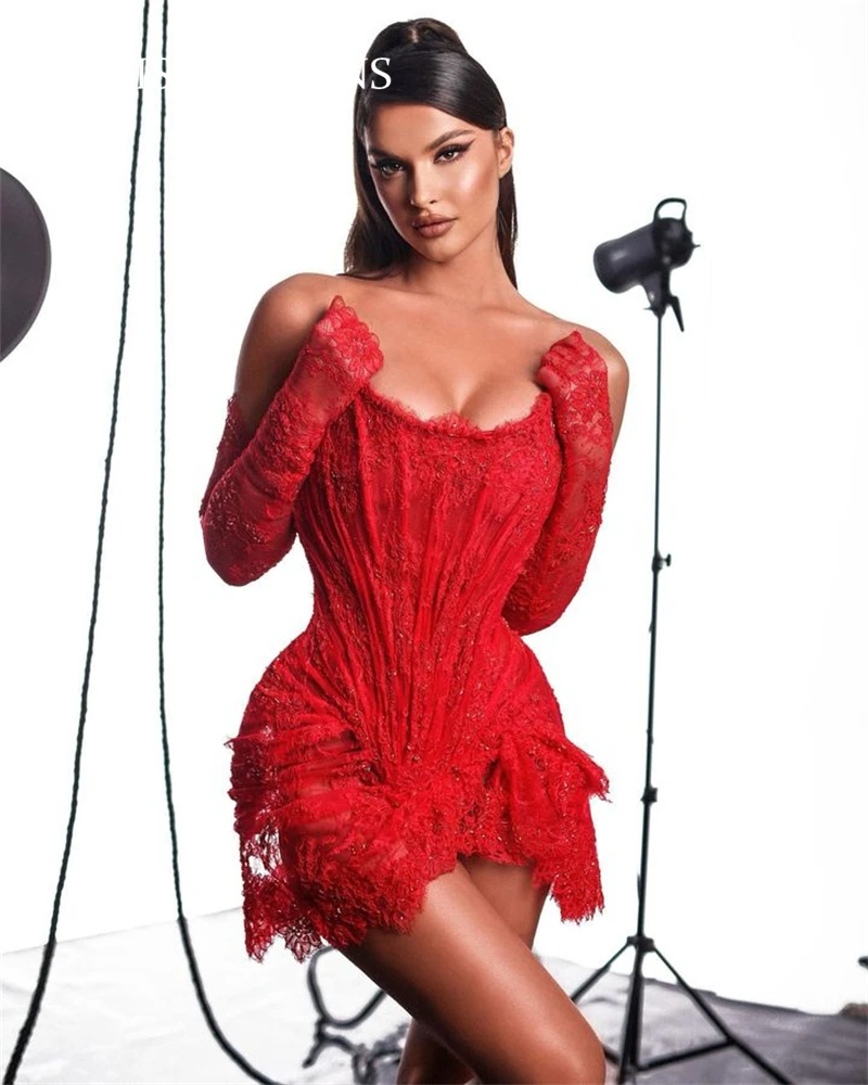 

Сексуальные Красные кружевные короткие платья для выпускного вечера 2024 с двумя рукавами для дня рождения, Мини коктейльные платья, женское платье на заказ