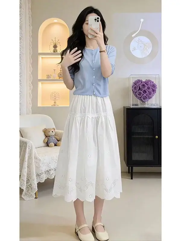 

Chic White Long Sleeve Top And Skirt Set for Women Summer Casual Style Fashionable Slimming Look Streetwear Two-Piece Set