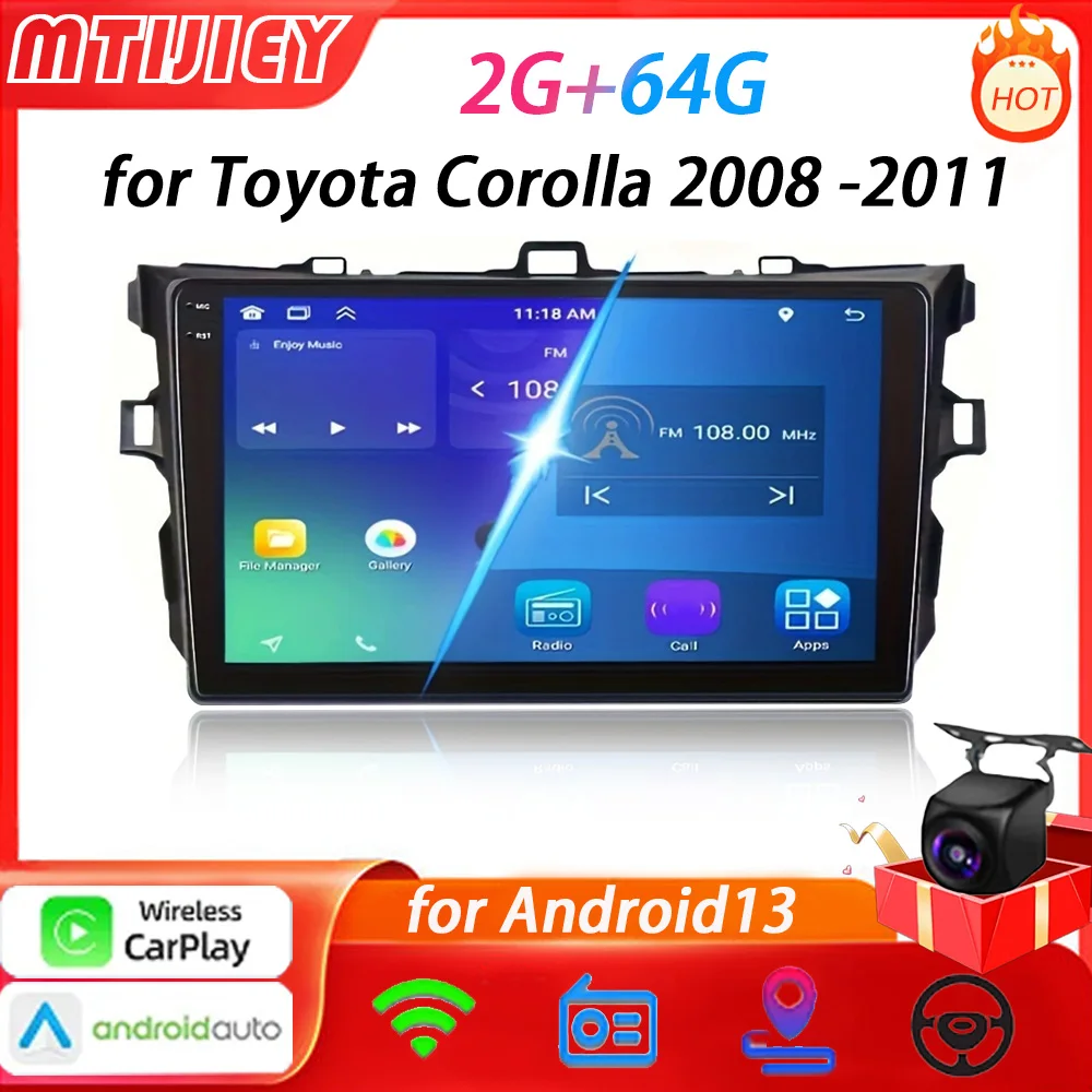 MTIJIEY 2+64G 2Din Car Radio Carplay Android Auto  Multimedia Player FM GPS WIFI For Toyota Corolla E140/150 2008-2011