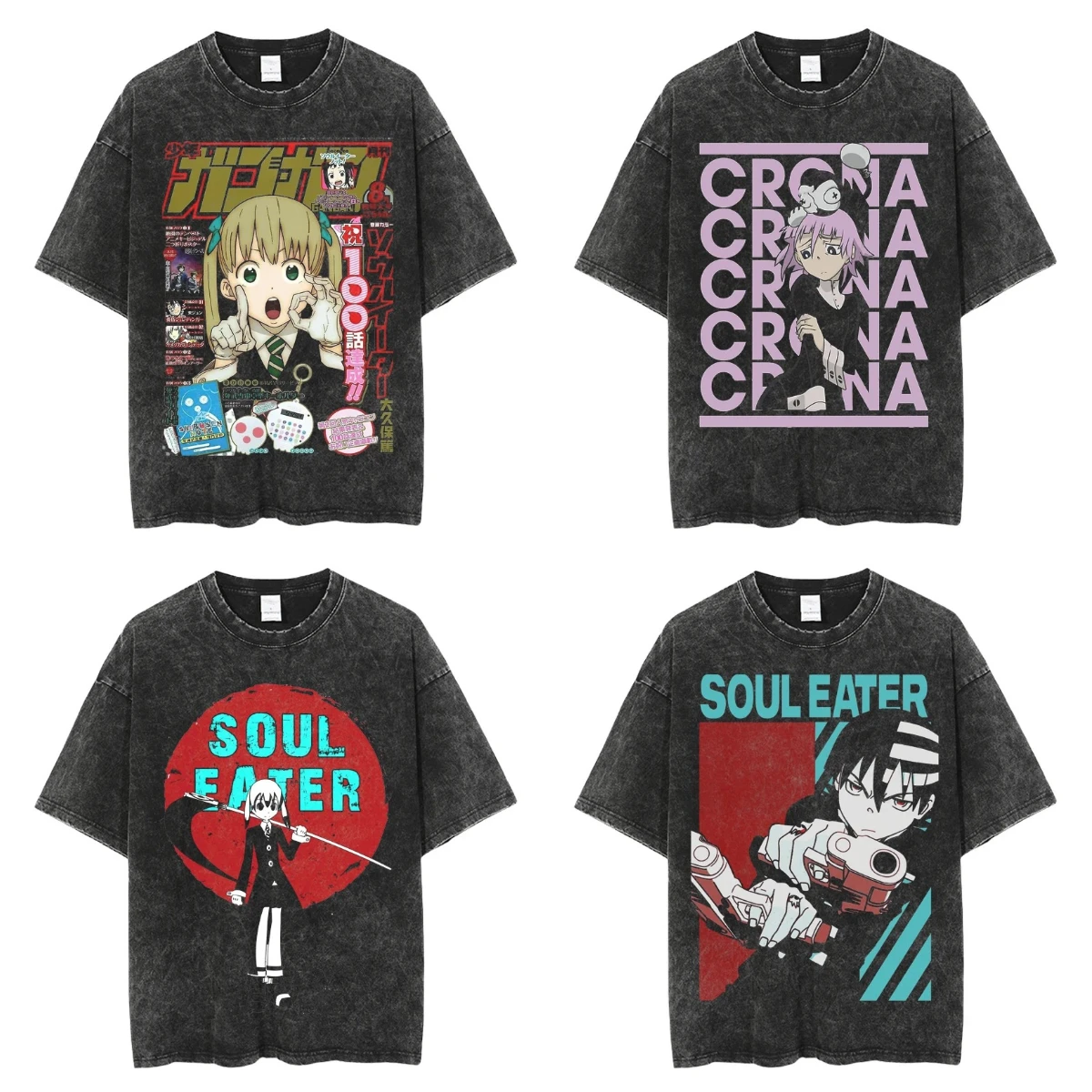 Japan Anime Soul Eater Oversized T Shirt Maka Albarn Black Star Death The Kid Crona Vintage Washed Short Sleeve Graphics Tees